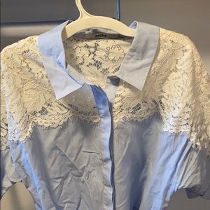 JustFab Chambray Striped Lace Dress